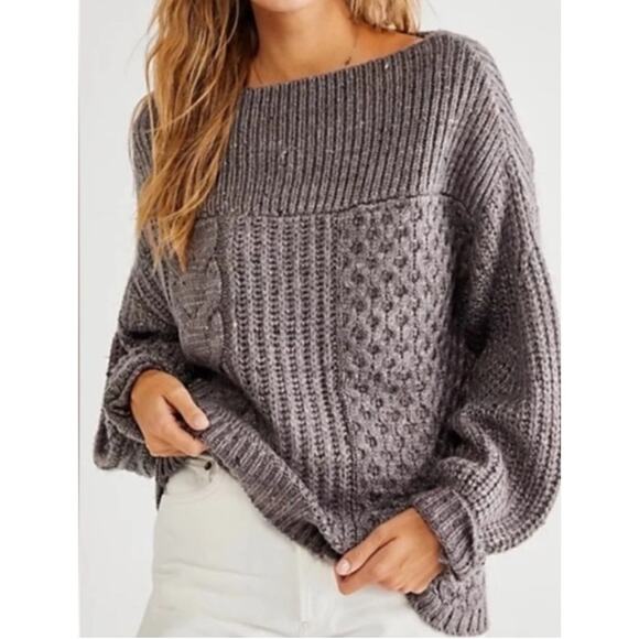 Free People New Dream Sweater Cream Speckled Off Shoulder Cable Knit Size M - Picture 8 of 9